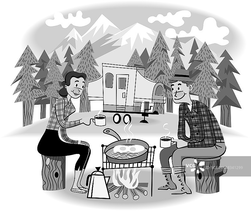 情侣在篝火旁烹饪图片素材