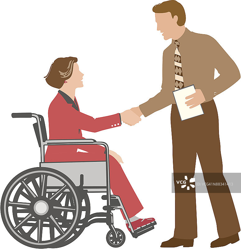 坐在轮椅上与男人握手的女人“彩色”Illustrator Ver. 3“分组元素”“成交”“很高兴认识你图片素材