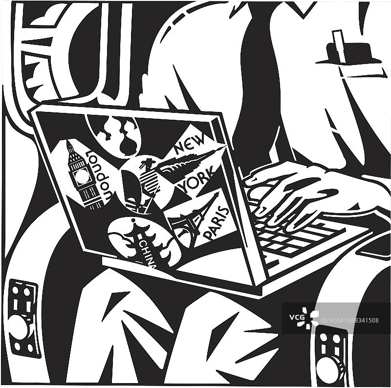 在飞机上使用笔记本电脑的男人，纽约，伦敦，巴黎中国图片素材