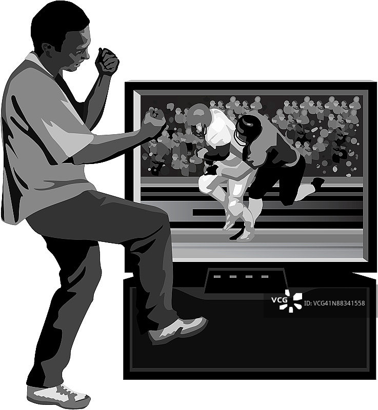 兴奋的男人在电视上看冠军赛图片素材