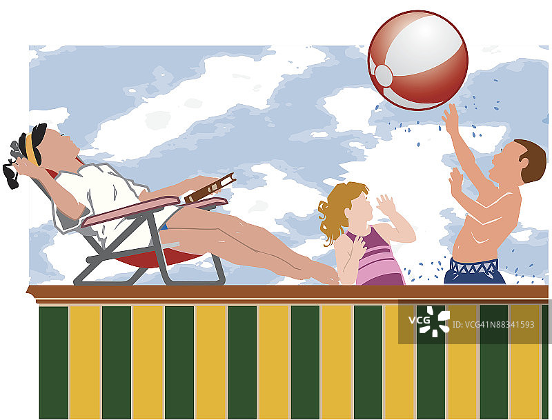 母亲和两个孩子在泳池边图片素材