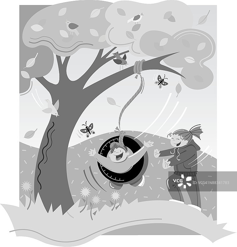 两个孩子在轮胎秋千上玩耍图片素材