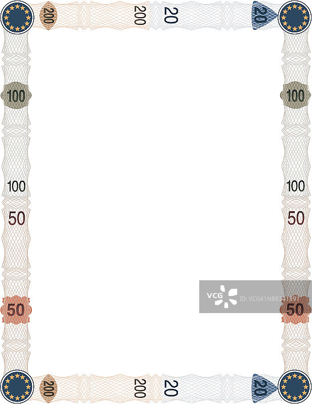 欧元纸币边框（20、50、100、200面额，彩色分组）图片素材