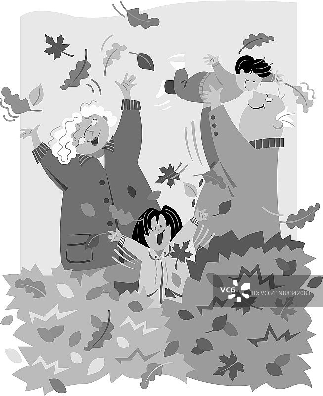 一对中年夫妇和他们的孙子孙女在落叶堆里玩耍图片素材