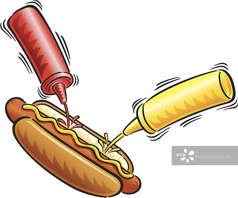 热狗上挤着芥末和番茄酱，彩色图片素材