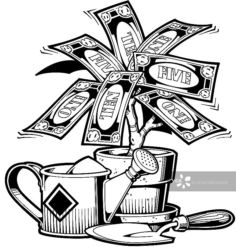 泥刀、喷壶和摇钱树，分层设计图片素材