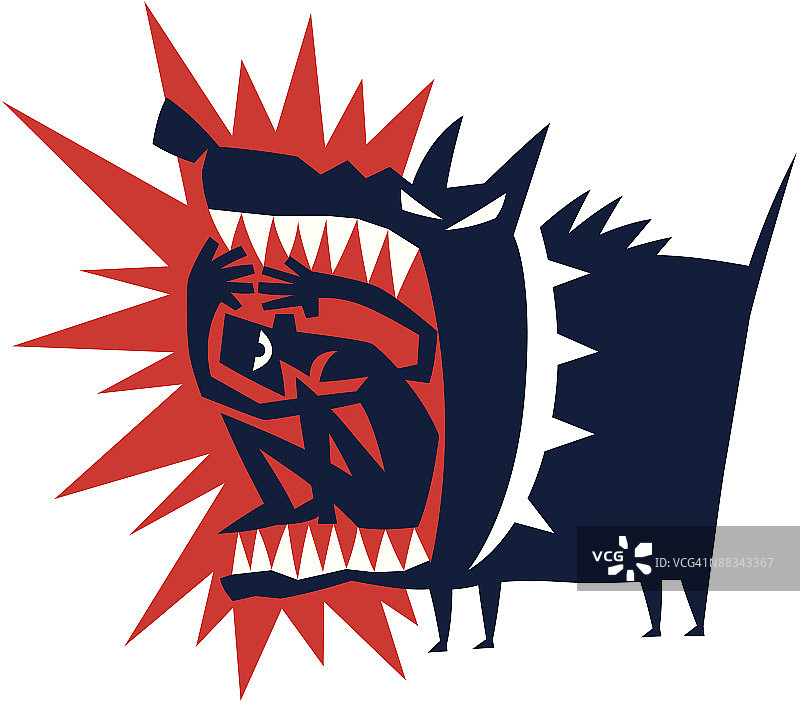 坐在愤怒的狗嘴里的男人 彩色图片素材