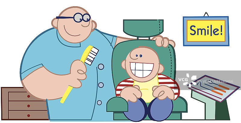 牙医和坐在牙科椅上的男孩，“微笑”图片素材