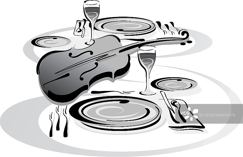 餐具摆放和小提琴，灰度，组合元素图片素材