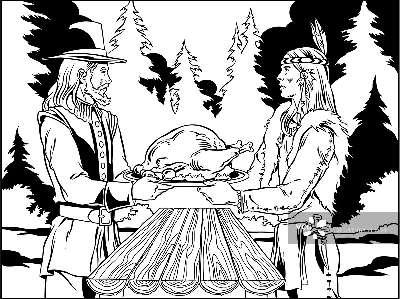 朝圣者和美洲印第安人手持托盘上的火鸡，分组元素图片素材