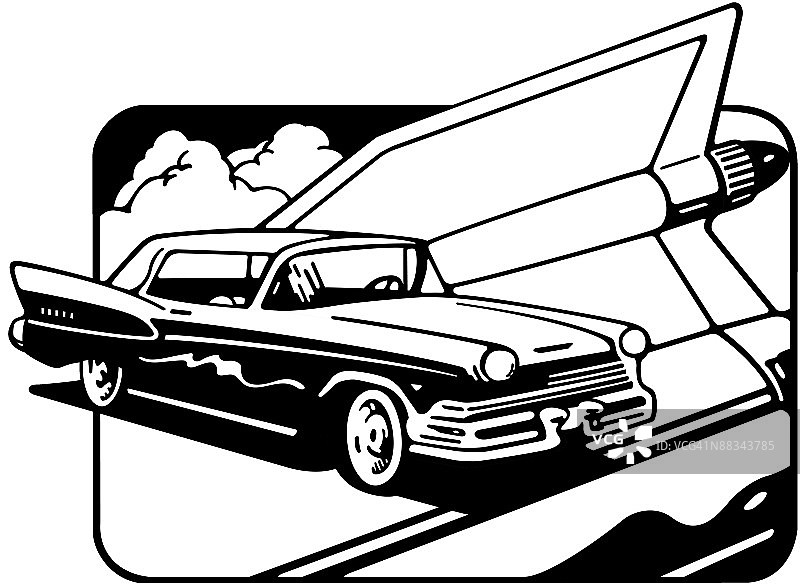 20世纪50-60年代的尾鳍汽车元素组合，经典怀旧汽车图片素材