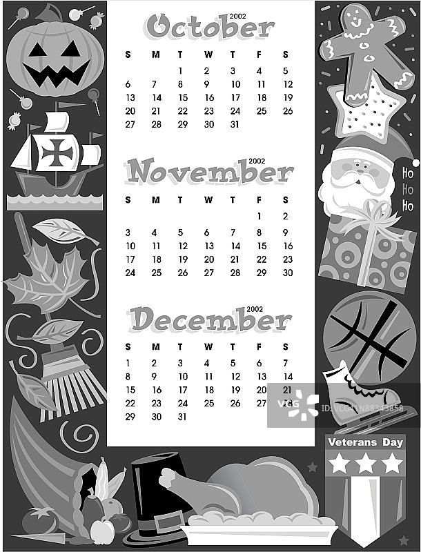 2002年10月至12月节假日日历元素图片素材
