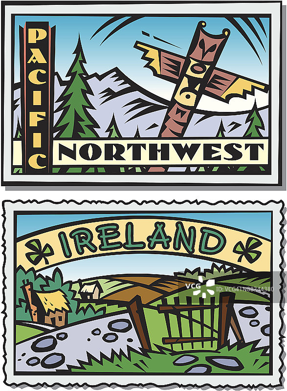 爱尔兰乡村与太平洋西北图腾柱明信片图片素材