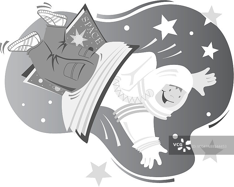 男孩读书后变身宇航员，太空主题，灰度图图片素材