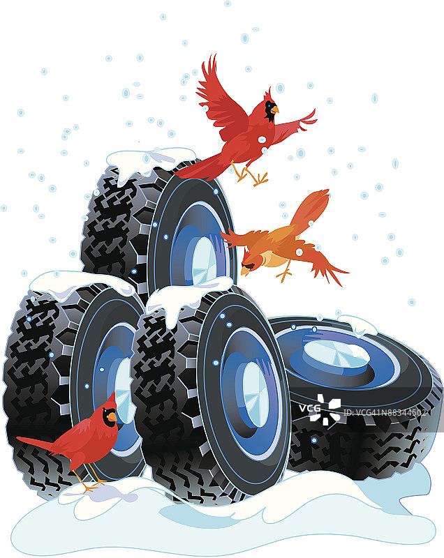 雪地轮胎与红雀图片素材