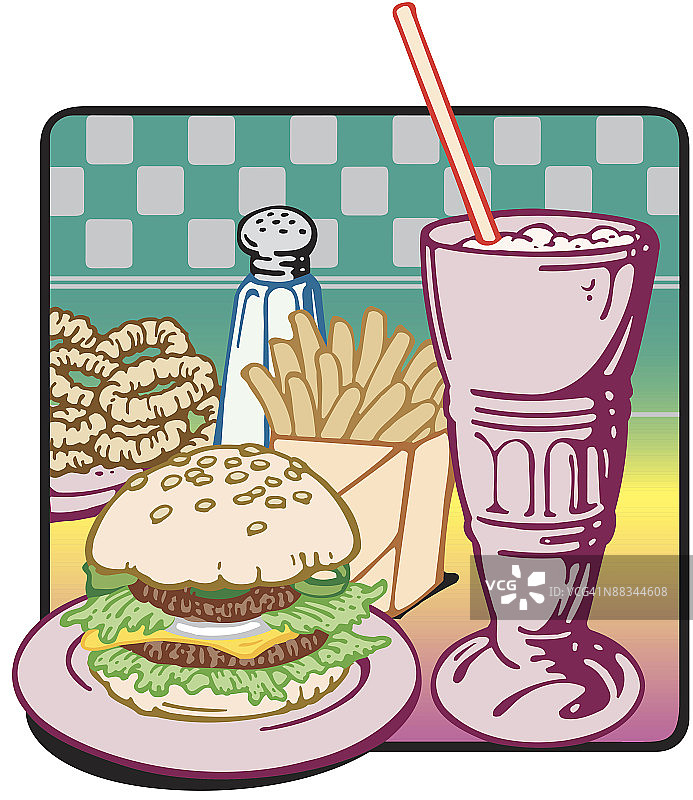 彩色分层快餐：餐厅午餐场景图片素材