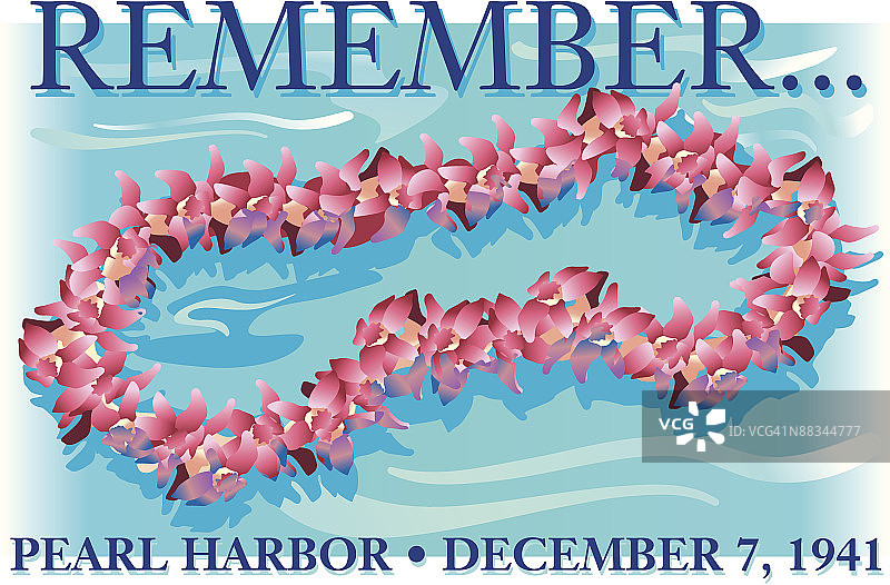铭记珍珠港事件漂浮在水面上的花环彩色组合元素标题（1941年12月7日）图片素材