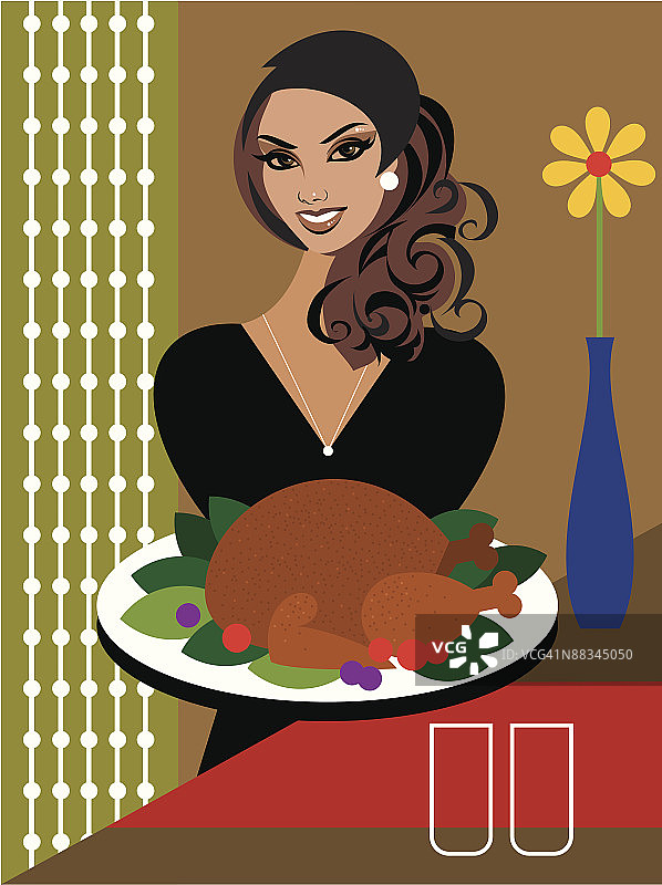 女人端着烤火鸡图片素材