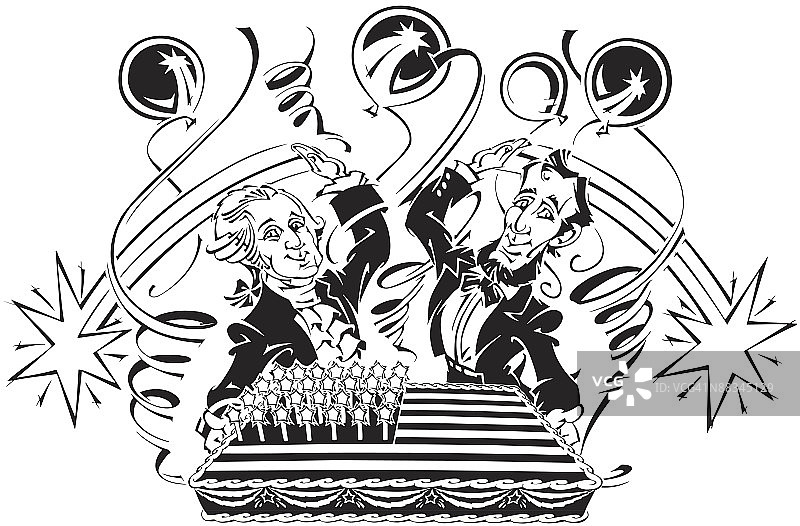 华盛顿和林肯与大型旗帜蛋糕，多层‘本季最大促销’双倍优惠图片素材