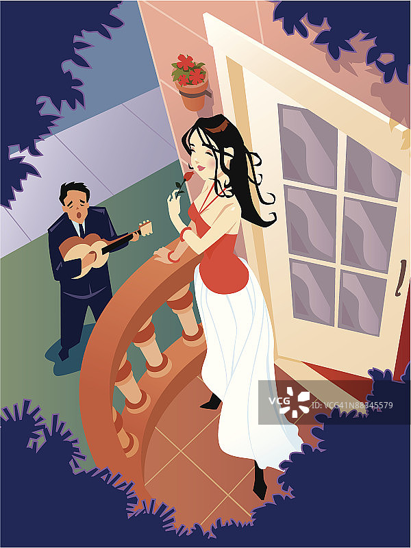男人在阳台上为女人演奏小夜曲图片素材