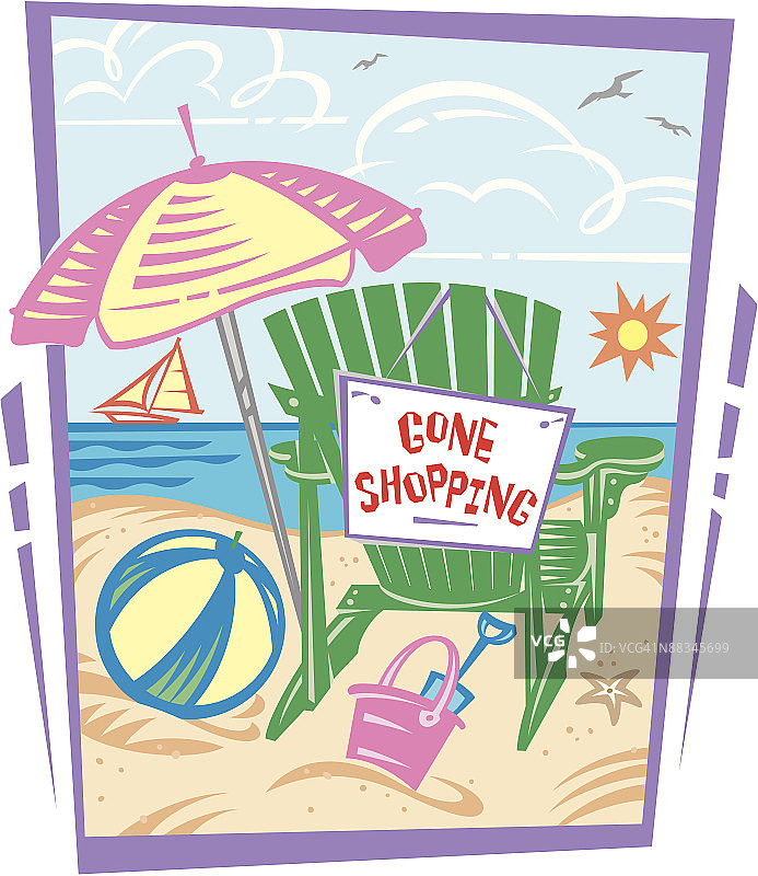 海滩景色，购物归来，彩色插画图片素材