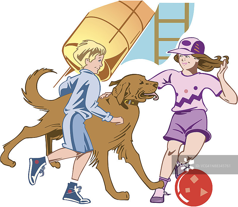 两个孩子和狗一起玩球，永远的朋友，每个人的游戏图片素材