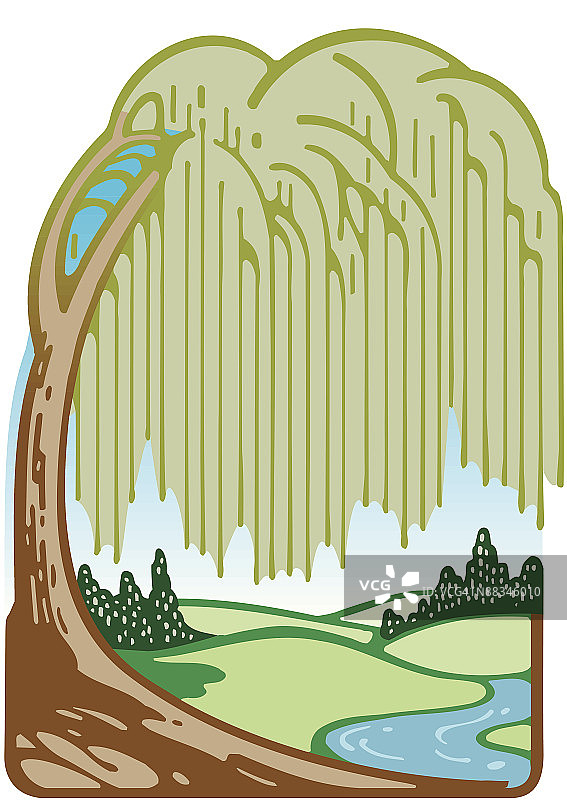 彩色垂柳树优美风景自然风光插画图片素材