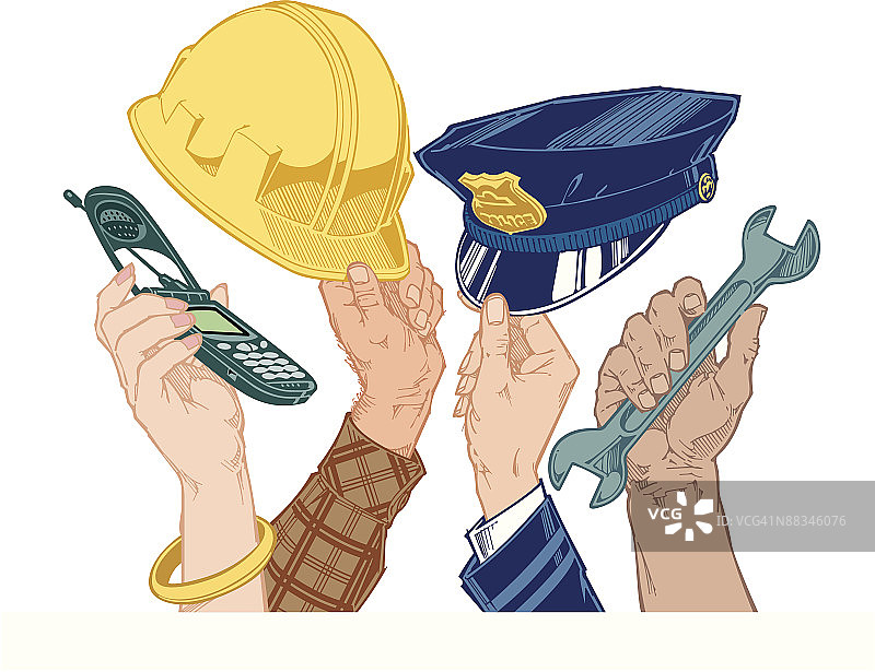 手持帽子和工具（彩色分组元素）图片素材