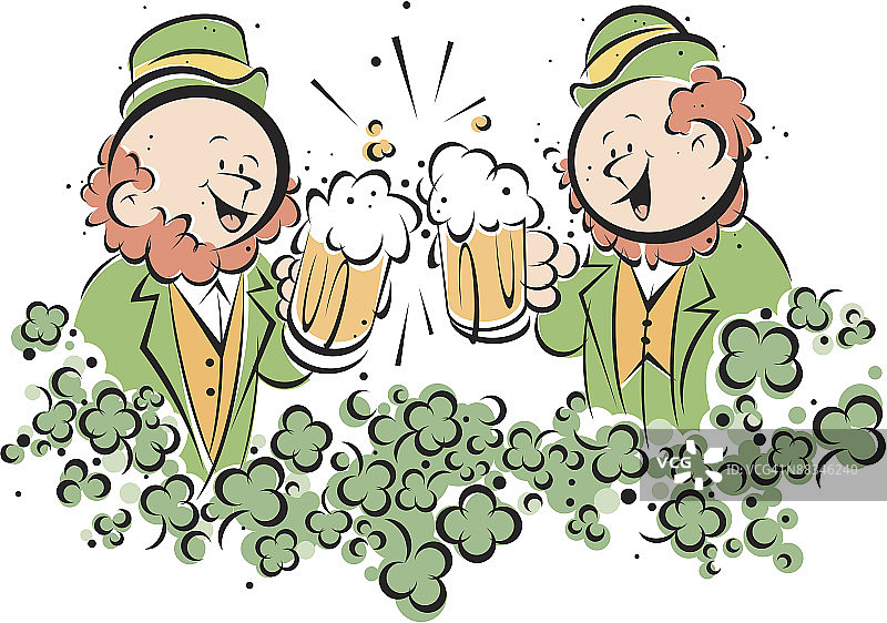拿着啤酒杯和三叶草的爱尔兰小矮妖，彩色插画Ver. 5，干杯，爱尔兰人的好运。图片素材