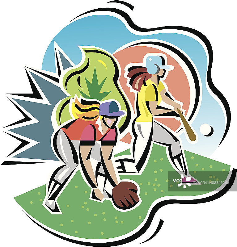 玩垒球的女孩们（彩色插画，Ver. 5）图片素材