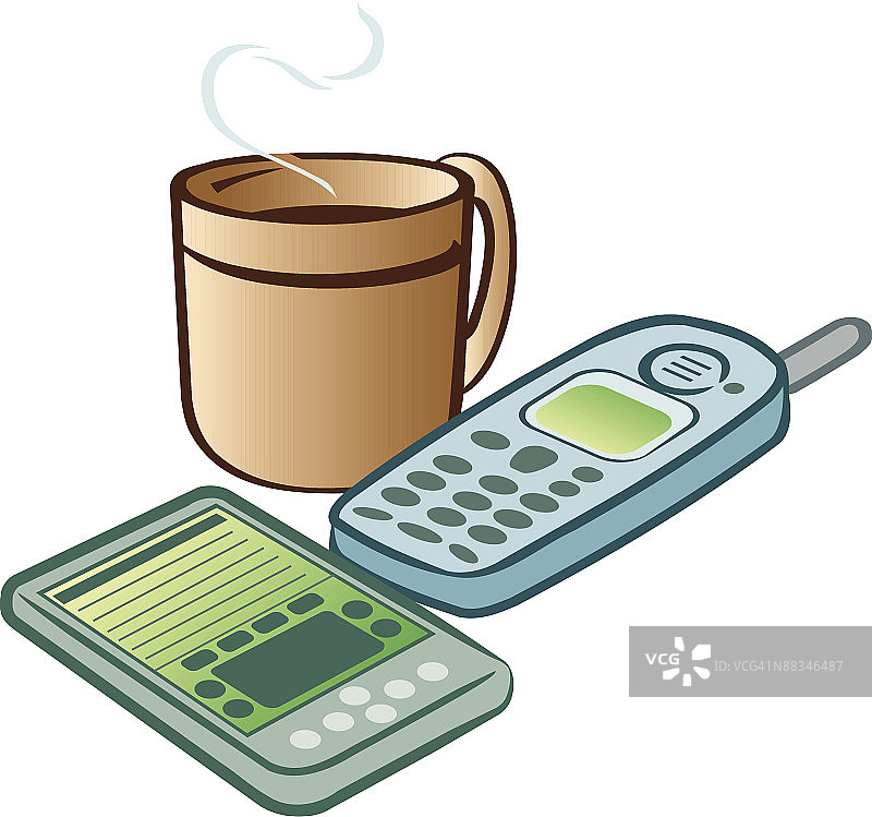 蜂窝电话、掌上电脑和咖啡杯（彩色）图片素材