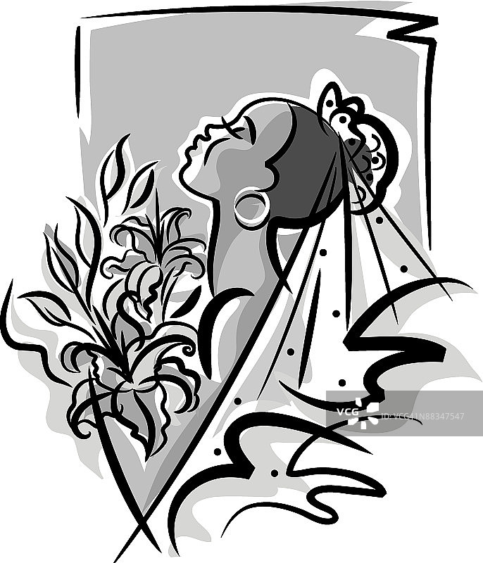 新娘手捧花束的侧面（黑白照片）图片素材