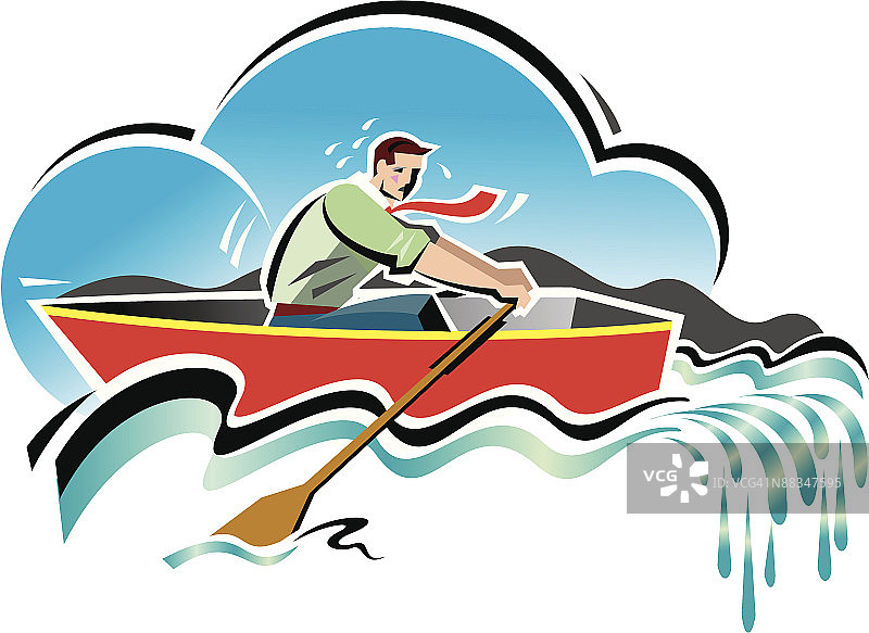 商人划船远离瀑布，彩色图片素材
