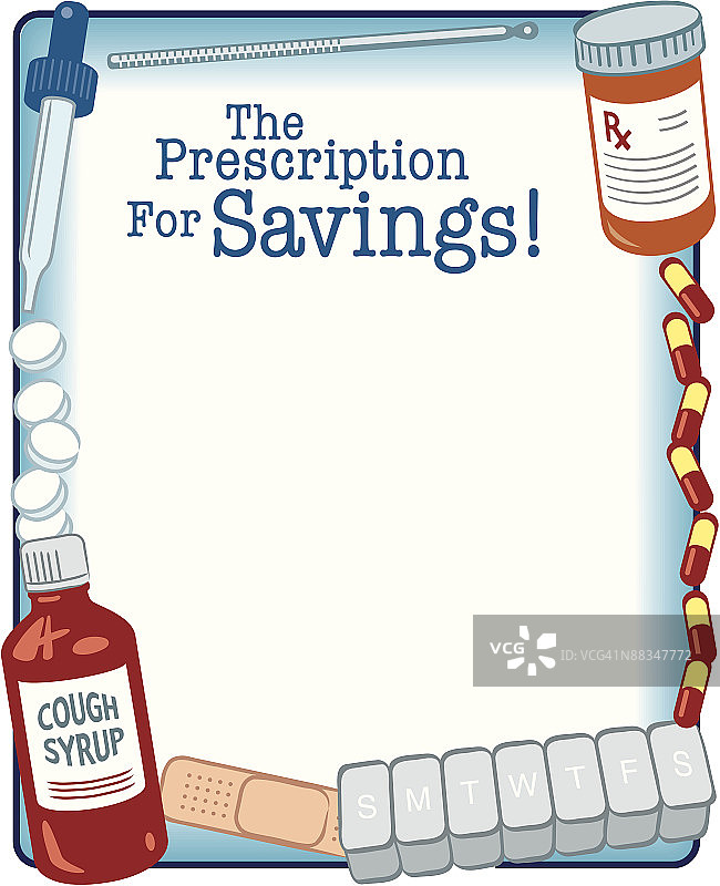边框，标题，“省钱秘方”，医疗用品，止咳糖浆，彩色图片素材