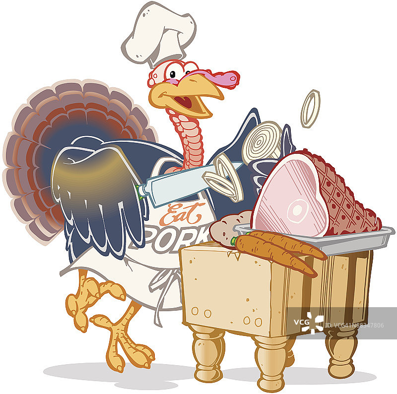 厨师土耳其，吃猪肉颜色插画分层图片素材