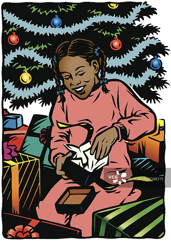 女孩打开礼物，圣诞节早晨图片素材