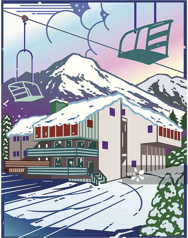 滑雪胜地分层彩色，也提供黑白版本，010_9810“美丽的景色”周末度假。图片素材