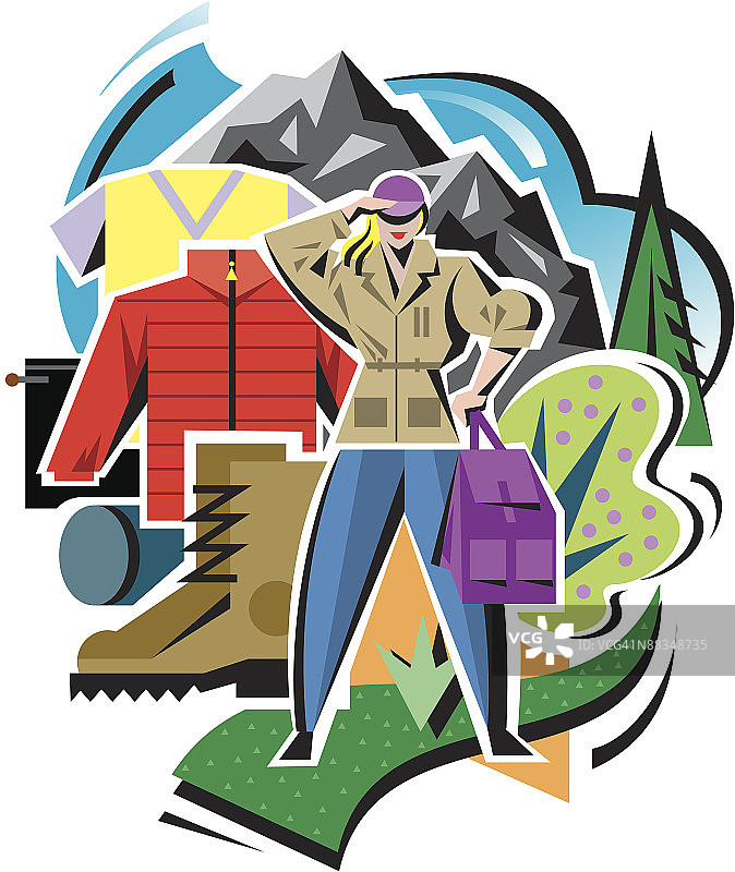 户外探险装备元素彩色插画图片素材