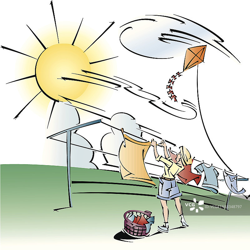 女人在晾衣绳上晾衣服，彩色，分组元素图片素材