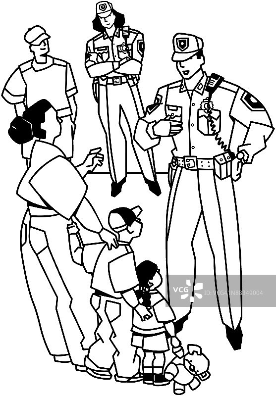 警察和市民分层图：女士，发生了什么事？我来帮助你图片素材