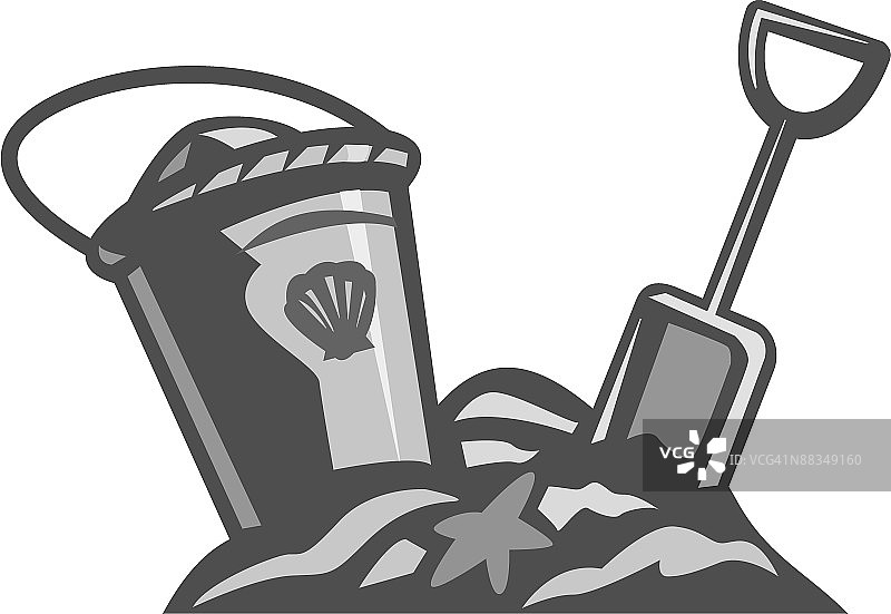 沙滩上的玩具桶和铲子，灰度图片素材