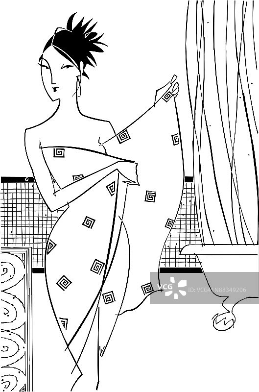 女子裹着浴巾走出淋浴间图片素材