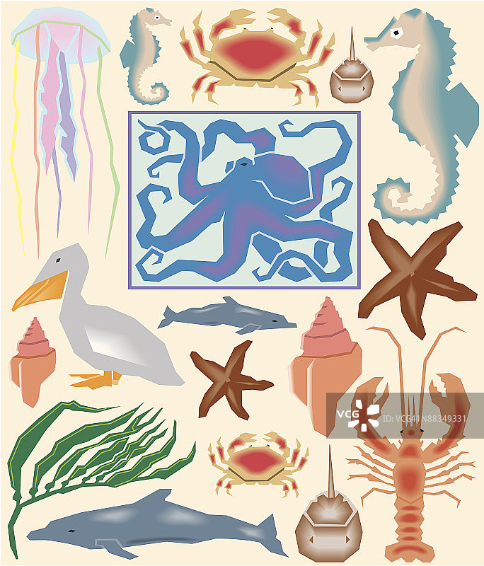 海洋生物彩色拼贴图（Illustrator Ver. 5，分层）图片素材