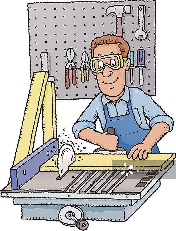 男人在工作台上锯木材（彩色）图片素材