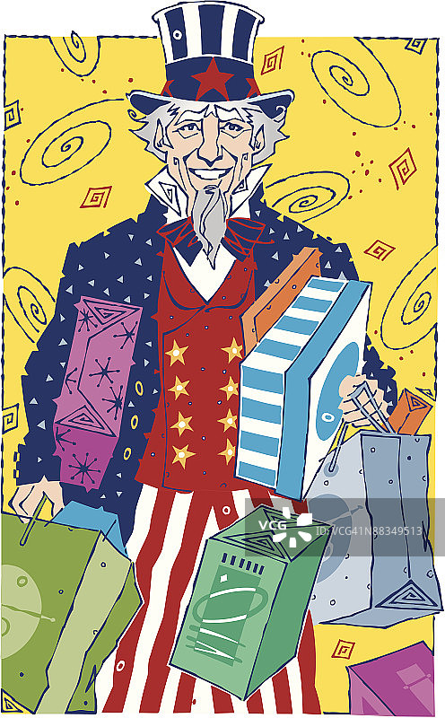 拿着购物袋的山姆大叔，彩色图片素材