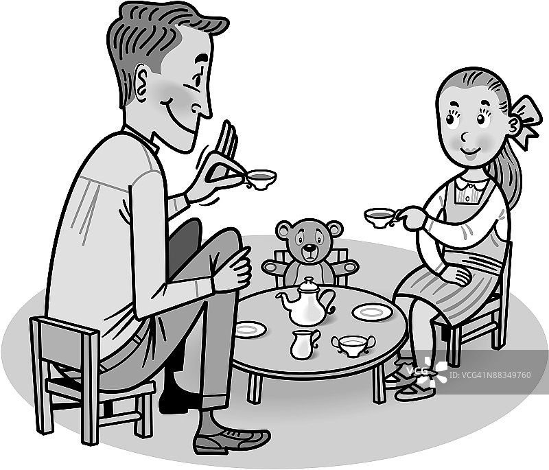 男人和女儿参加茶话会（灰度图）图片素材