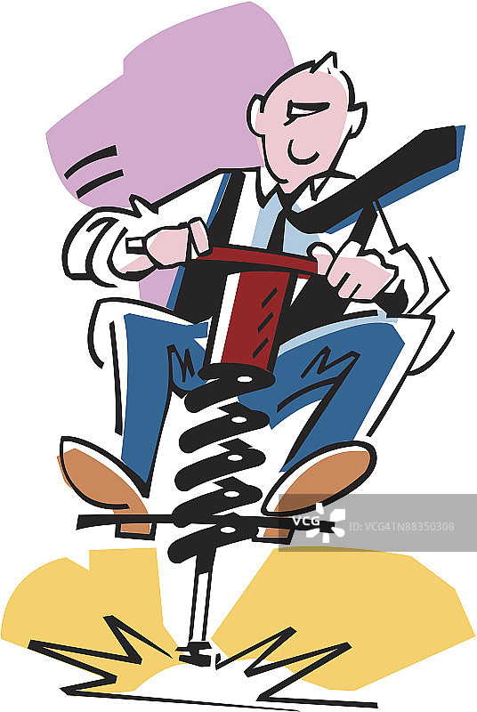 男人在彩色弹簧单高跷上跳跃图片素材