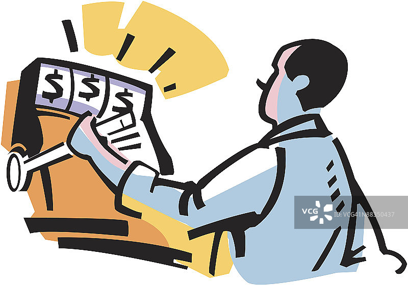 男人玩老虎机，“$”颜色图片素材