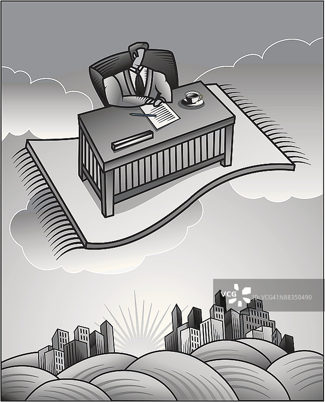 坐在飞毯上的办公桌旁的商人（灰度，分组元素）图片素材