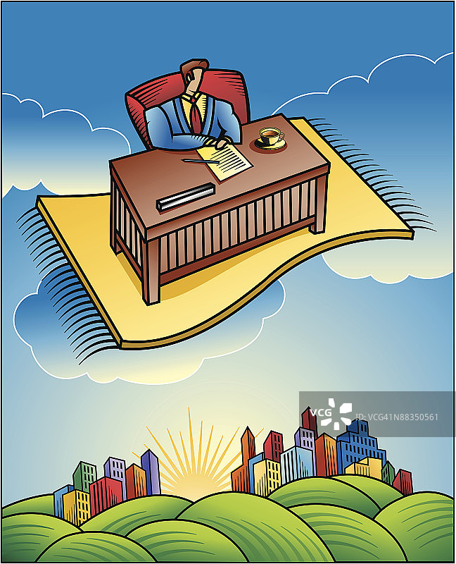 坐在飞毯上的办公桌旁的商人，彩色，分组元素图片素材